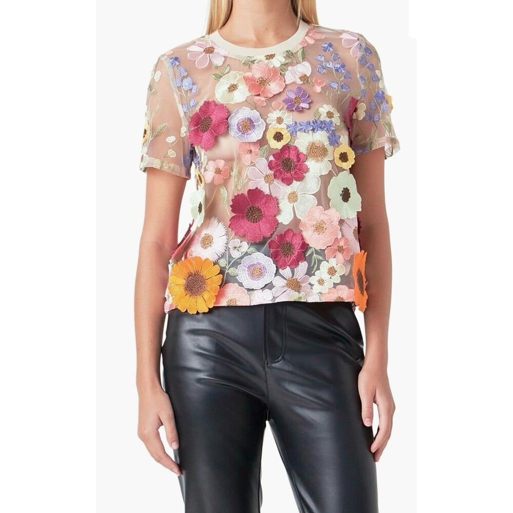 Endless Rose Floral EEndless Rose Floral Embroidered Sheer Mesh Tulle Top Blouse - Picture 3 of 8